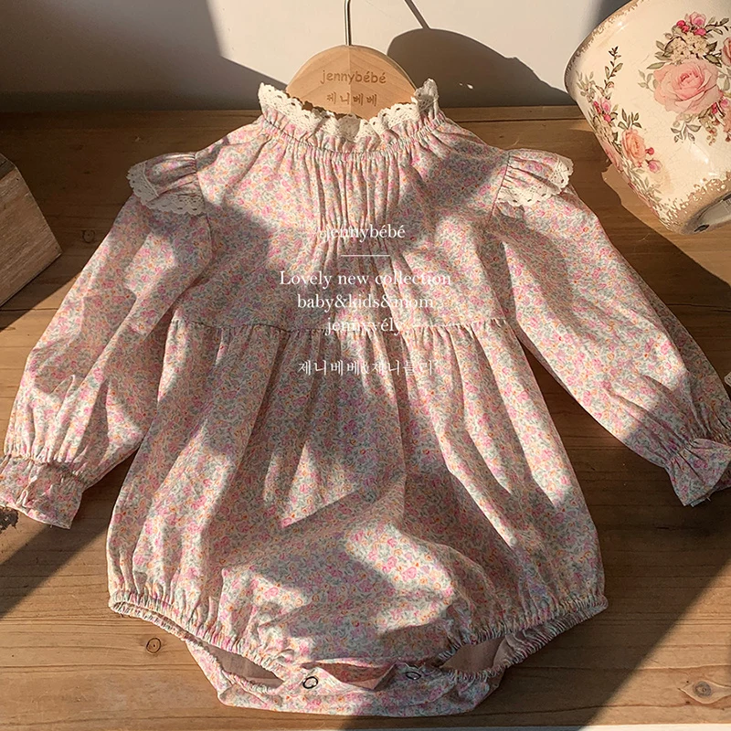 2024 New Autumn Newborn Baby Girls Bodysuits Long Sleeved Cotton Flower Print Infant Baby Girls Jumpsuit 0-24M Children Clothes