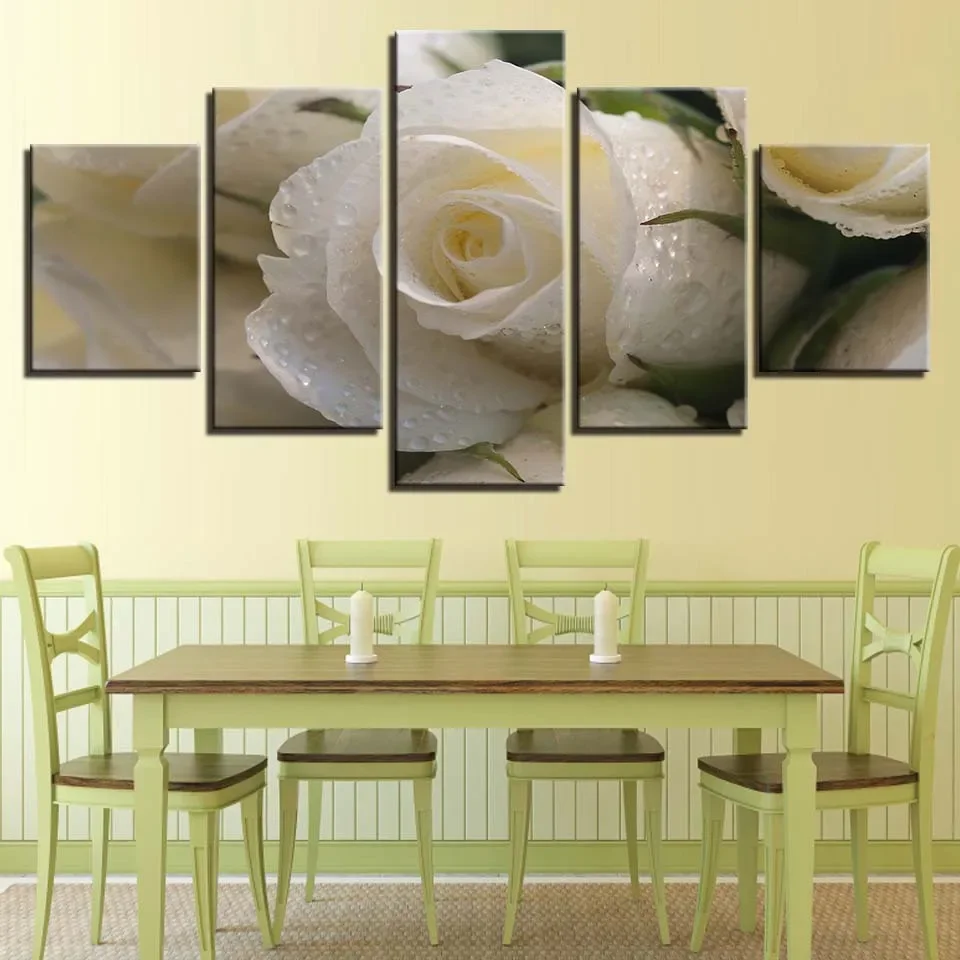 

100CM framed deep art mural, five couplets ultra clear room decoration painting, romantic white rose mural