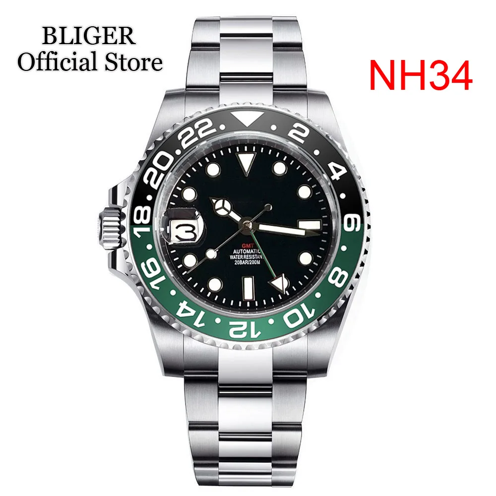 

40mm Left Hand NH34A 200M Waterproof 40mm Black Dial GMT Function NH34 GMT Automatic Watch Men Ceramics Alloy Bezel 2023 New