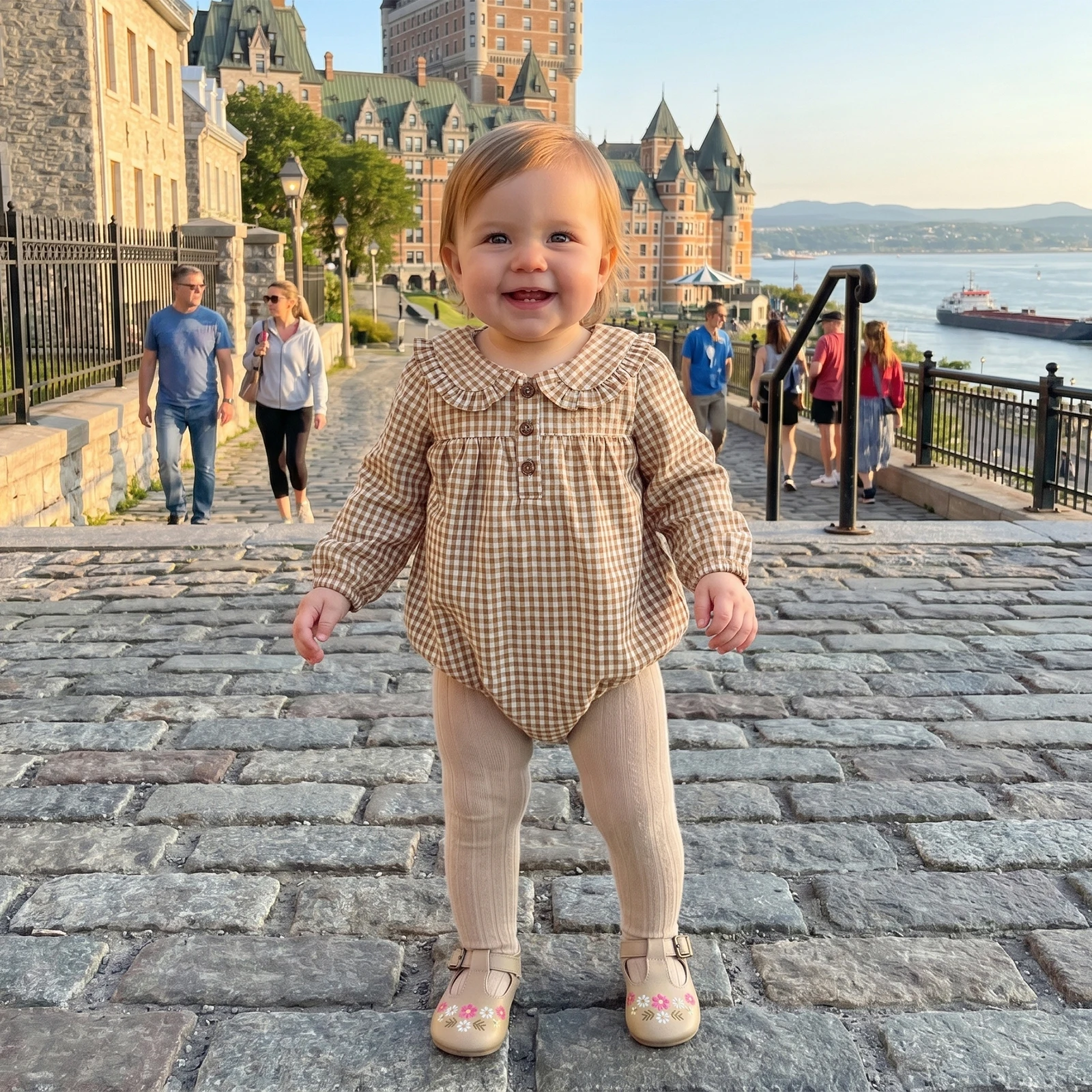 Newbonr Clothes Baby Girls Casual Rompers Plaid Print Long Sleeve Doll Collar Button Front Bubble Jumpsuits Playsuits