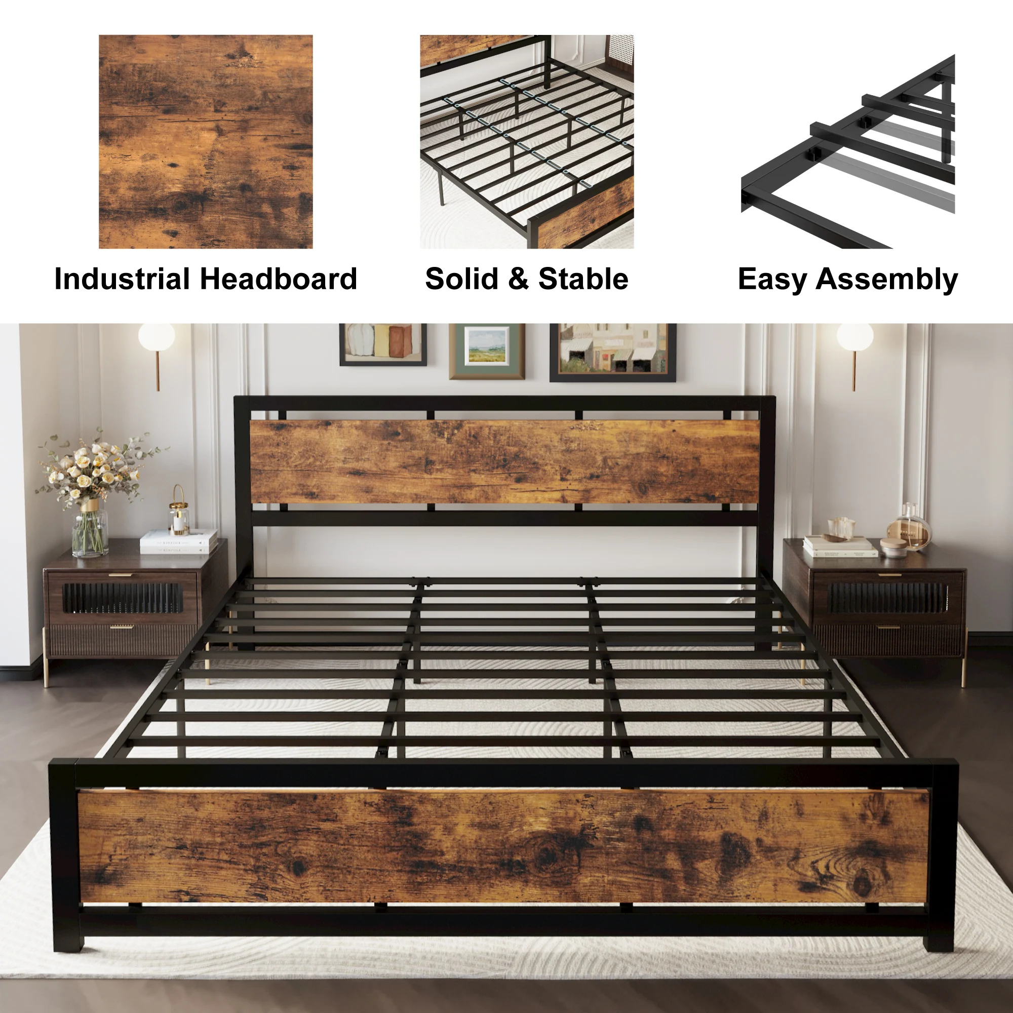 LIKIMIO California King Platform Bed with Headboard, Strong Metal Frame, Easy Assembly, Noise-Free, No Box Spring Needed BROWN