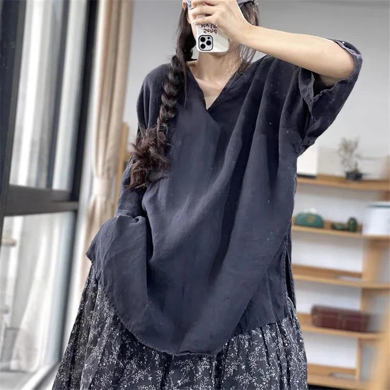 Literary Retro Coffee Blouse Women Summer New Causal V-neck Drop Sleeve Womens Tops Versatile Split Pullover Hemp Shirt