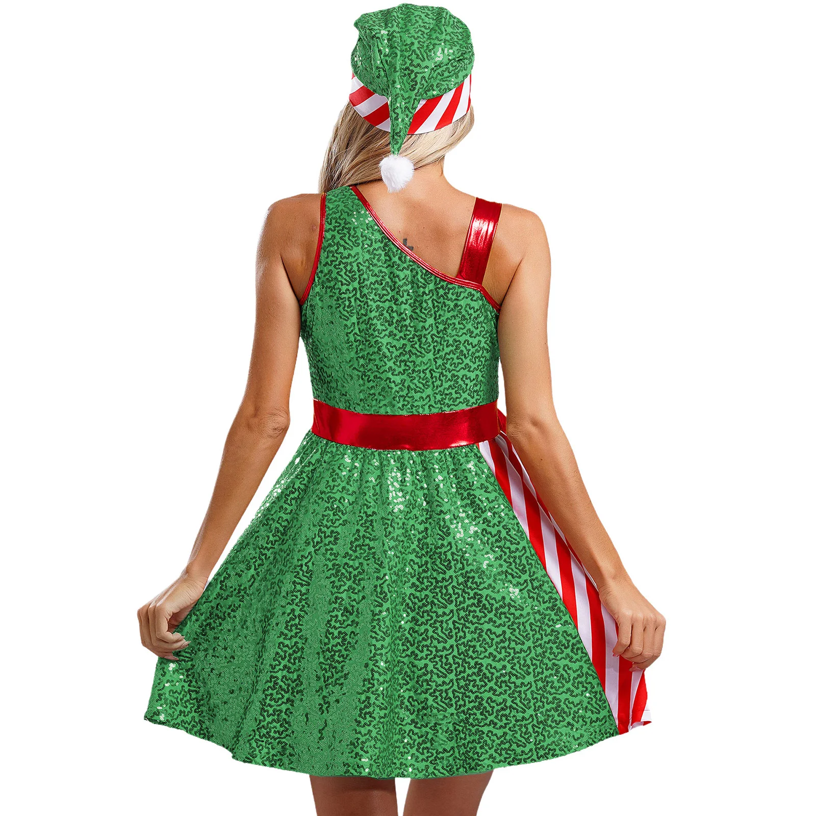 Womens Christmas Xmas Miss Santa Claus Cosplay Costume Sequins Stripes Celebration New Year Party Dress with Santa Hat Set