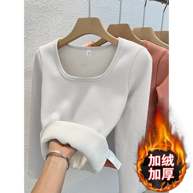 Winter Women Thermal Underwear Tops Square Collar Fleece Basic Pullover Autumn Crewneck Top Casual Thermal Shirt Women image 3