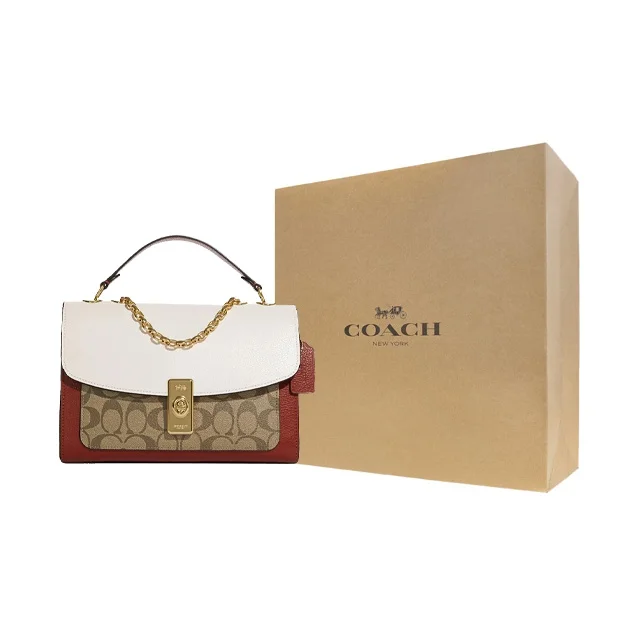COACH Lane Cow Leather Handbag, One Shoulder Strap Crossbody Bags Medium Women's Light Khaki & White C8207-IMLOT