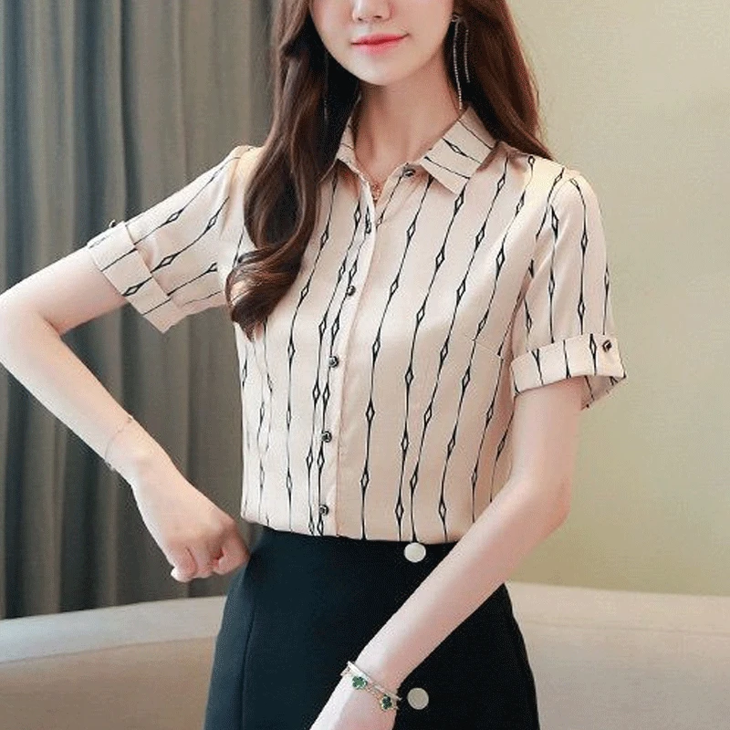 2023 Summer New Women\'s Clothing Europe and America Lapel Vertical Stripe Printing Single-breasted Short Sleeve Commute Blouse