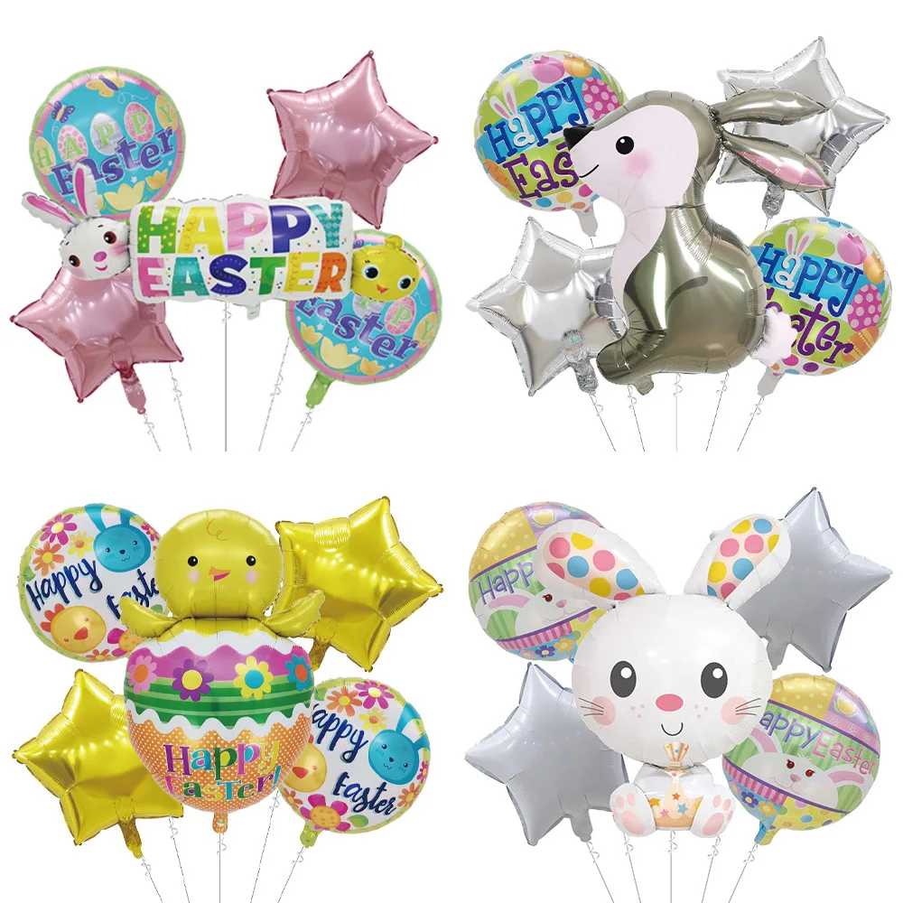 

5pcs Cartoon Easter Rabbit Chick Foil Balloon Set Happy Easter Bunny Star Round Balloons Kids Birthday Party Easter Decoration