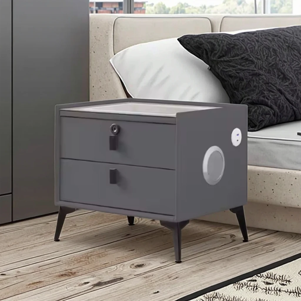 Modern Luxury Wooden Solid Wood Six Keys LED Nightstand Bluetooth Audio Fingerprint Lock Multifunctional Smart Bedroom Furniture