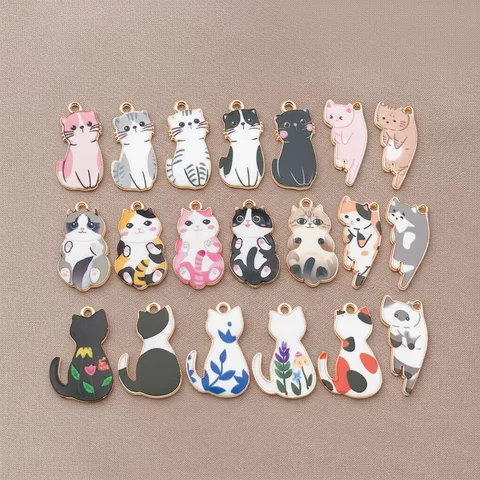 New 20pcs Colorful Alloy Metal Drop Oil Printing Cat Charms Animal  Kit Pendant For Enamel DIY Jewelry Making Accessories