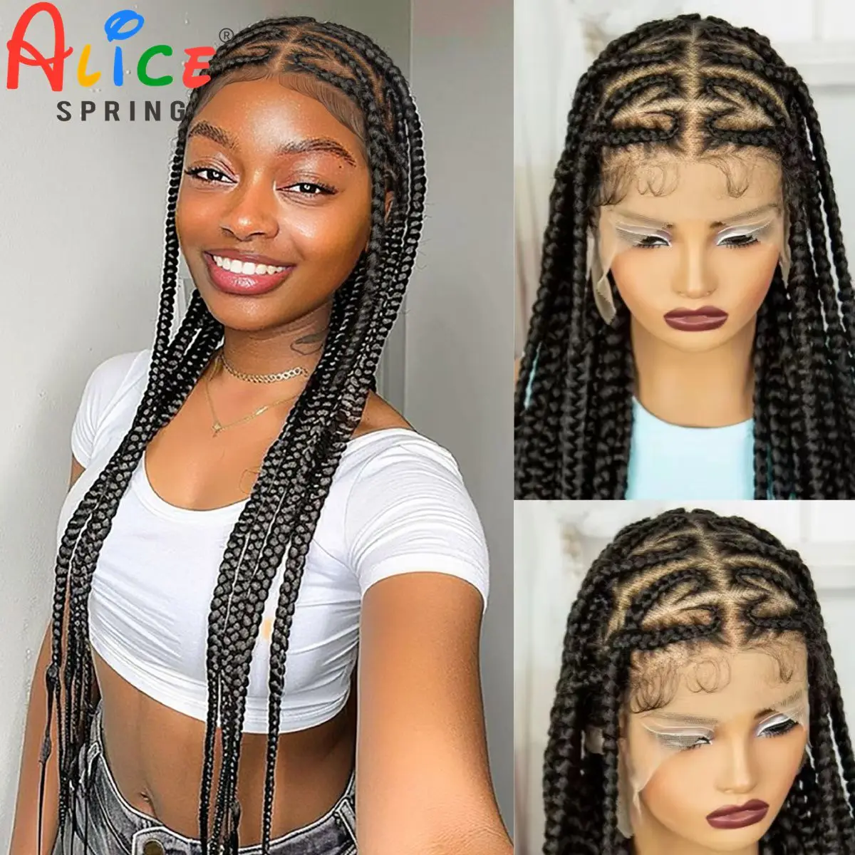 30in Full Lace Braided Wigs with Baby Hair Synthetic Handmade Knotless Braiding Hair Wig Lace Frontal Braids Wig for Black Women