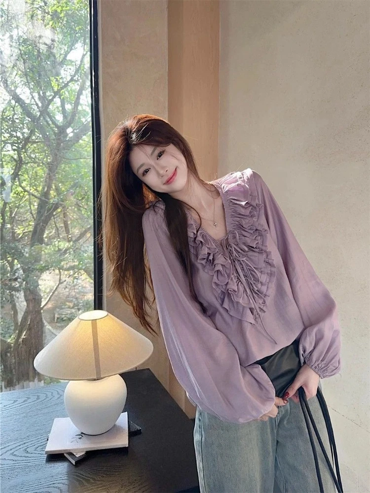 

Женская блузка с v-образным вырезом и рюшами на шнурке, с длинным рукавом, весна-лето, повседневная элегантная рубашка, модный топ для женщин ​