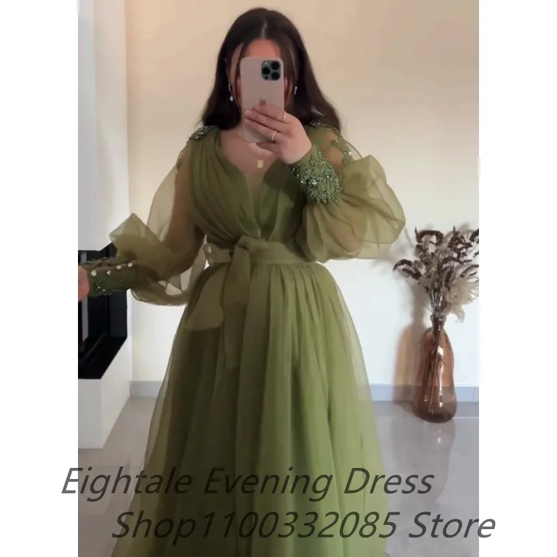 Army Green A Line Evening Dresses For Pregnant Women 2022 Lace Beaded Puff Sleeve Maternity Prom Dress Arabic Formal Party Gown