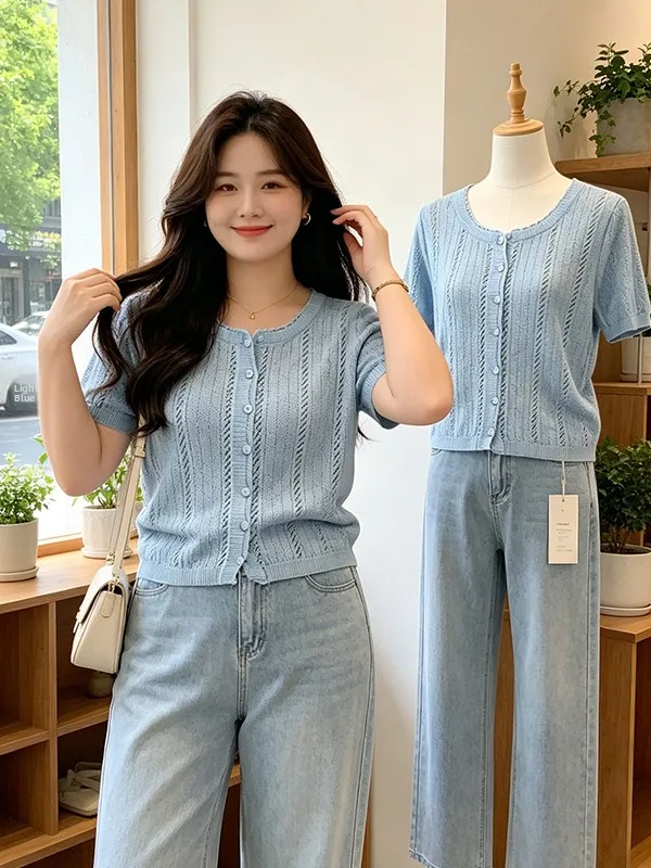 

Women's Large Size Breathable Hollow out Short Sleeve Knitwear Single Button Design Summer New Style Slimming Unique Top