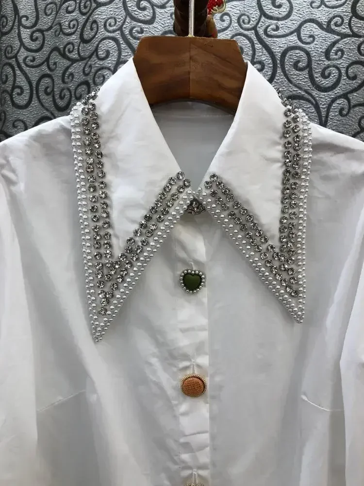 

Autumn New Fashion Court Style Pointed Collar Beaded Long Sleeve Rhineston White Shirt Ladies Blouse Retro All-match Shirt Tops