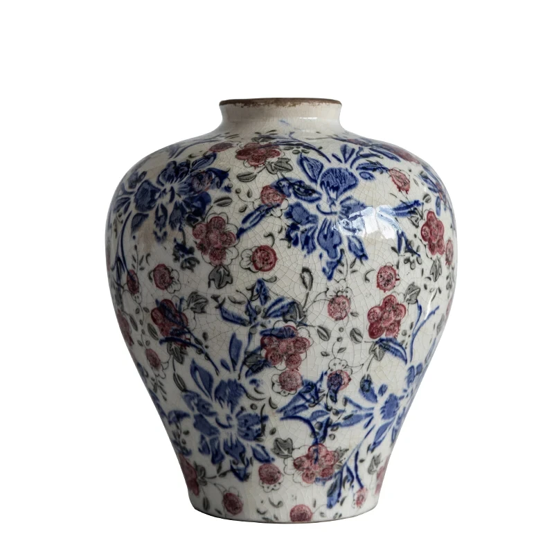 B-M Chinese ancient style rich flower three-color small mouth crack ceramic vase