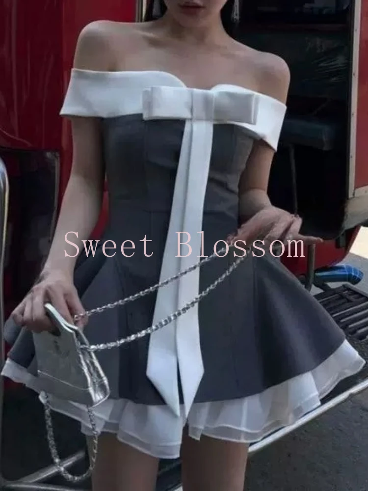 Summer New Vintage Elegant Dress Women Strapless Bow Patchwork Slim Puffy Mini Dresses New Fashion French Chic Sexy Outfits 2025 - Image 3