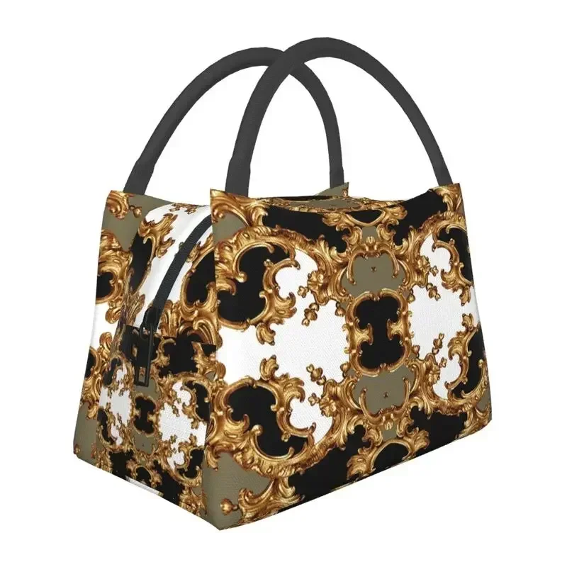 Golden Ornamental Baroque Symmetrical Thermal Insulated Lunch Bags Women Resuable  Tote Work Travel Storage Meal Food Box