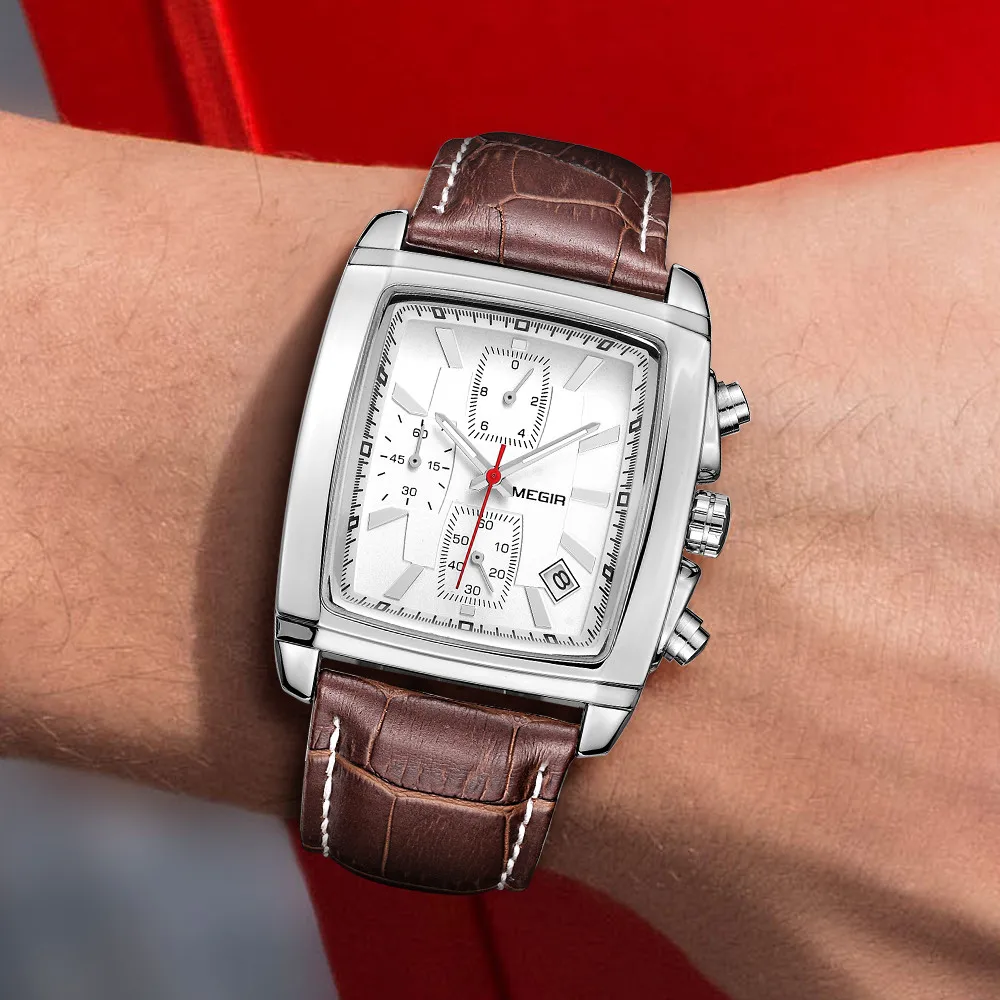 

MEGIR Fashion Casual Men Chronograph Quartz Watch Top Brand Military Sport Wristwatch Man Rectangle Leather Watches Male