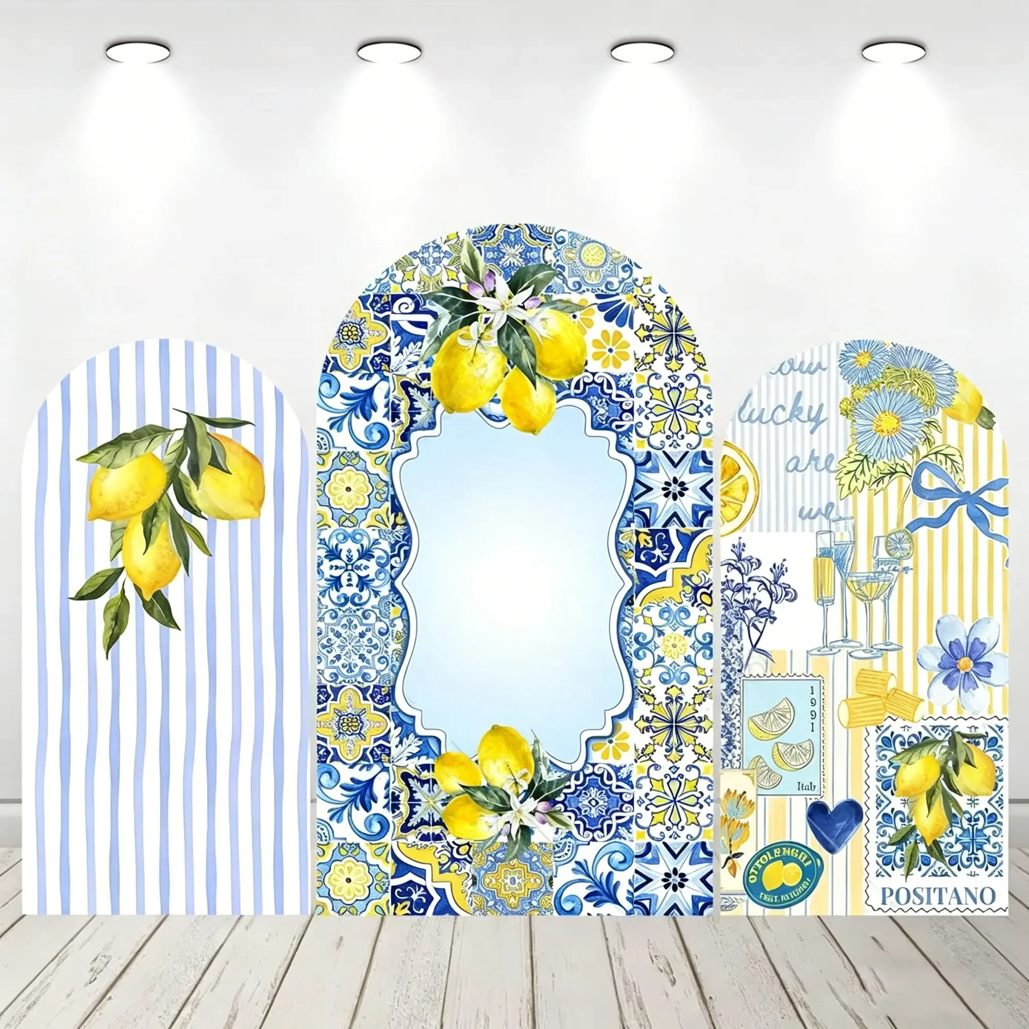Mediterranean Lemon Blue Rose Arch Backdrop Cover Italian Tile Photobooth Wedding Bridal Shower decor Photography Backgrounds