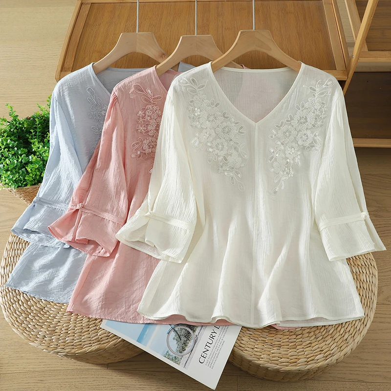 

Women's cotton and linen V-neck embroidered pullover shirt, summer loose casual mid-sleeve top, linen elegant pullover cardigan