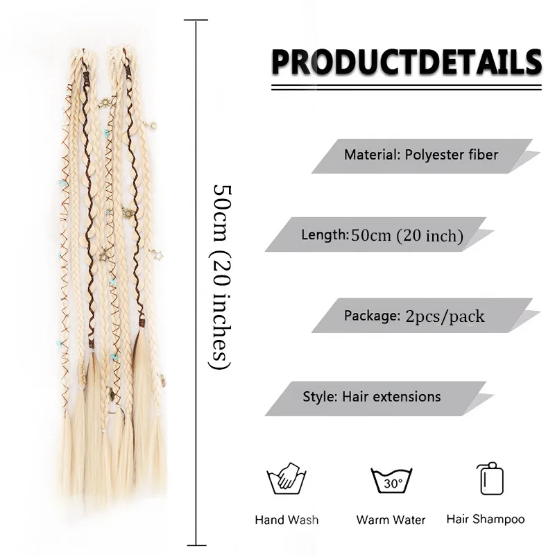Trenza Bohemia Larga Tejida a Mano con Accesorios Decorativos Fácil de Usar Clip Sintético 2
