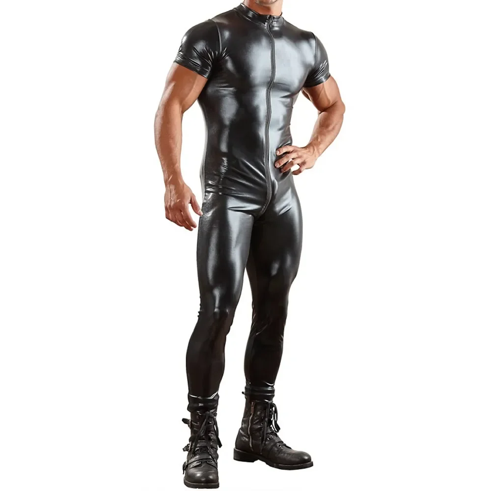 Mens Undershirts Jumpsuits Faux Leather One-piece Bodysuits Nightclub Stage Dancewear Zip Open Crotch Leotard Wrestling Singlets