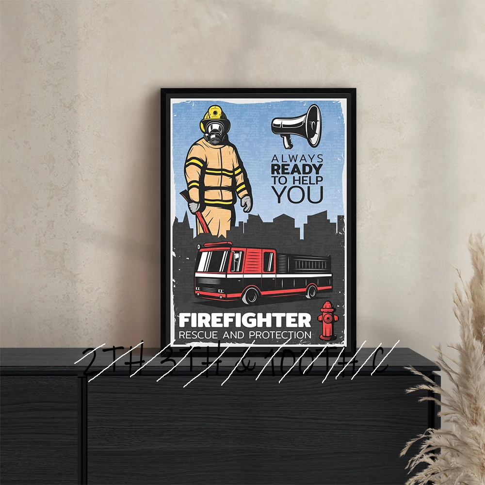 Firefighters Fire Extinguishing Poster Canvas Printing Fireman Work Kids Room Wall Art Decor Professional Firefighter Decoration