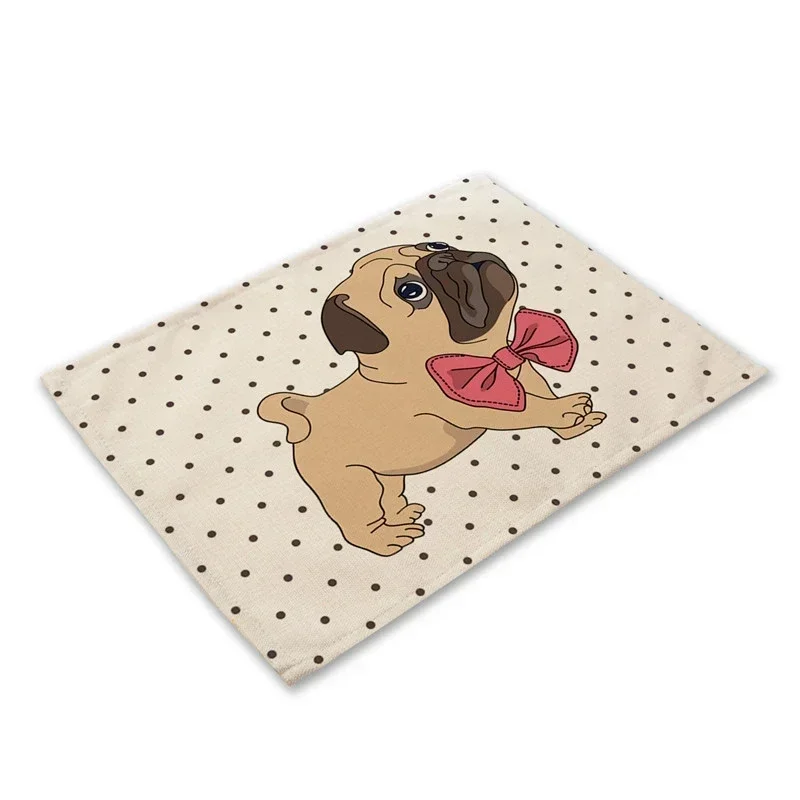 Pug Dog Pattern Cotton Linen Pad Dining Table Mats Coaster Bowl Cup Mat Pattern Kitchen Placemat 40*30cm  Decor Tea mats Trivet