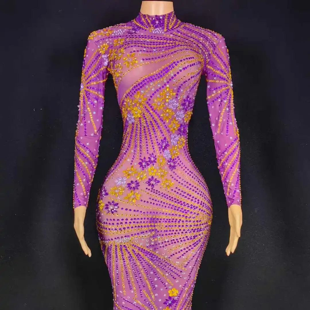 

Women Evening Prom Birthday Luxury Stunning Long Sleeve Elastic Night Queen Dress Singer Goddess Senior Diamond Bodycon Outfits