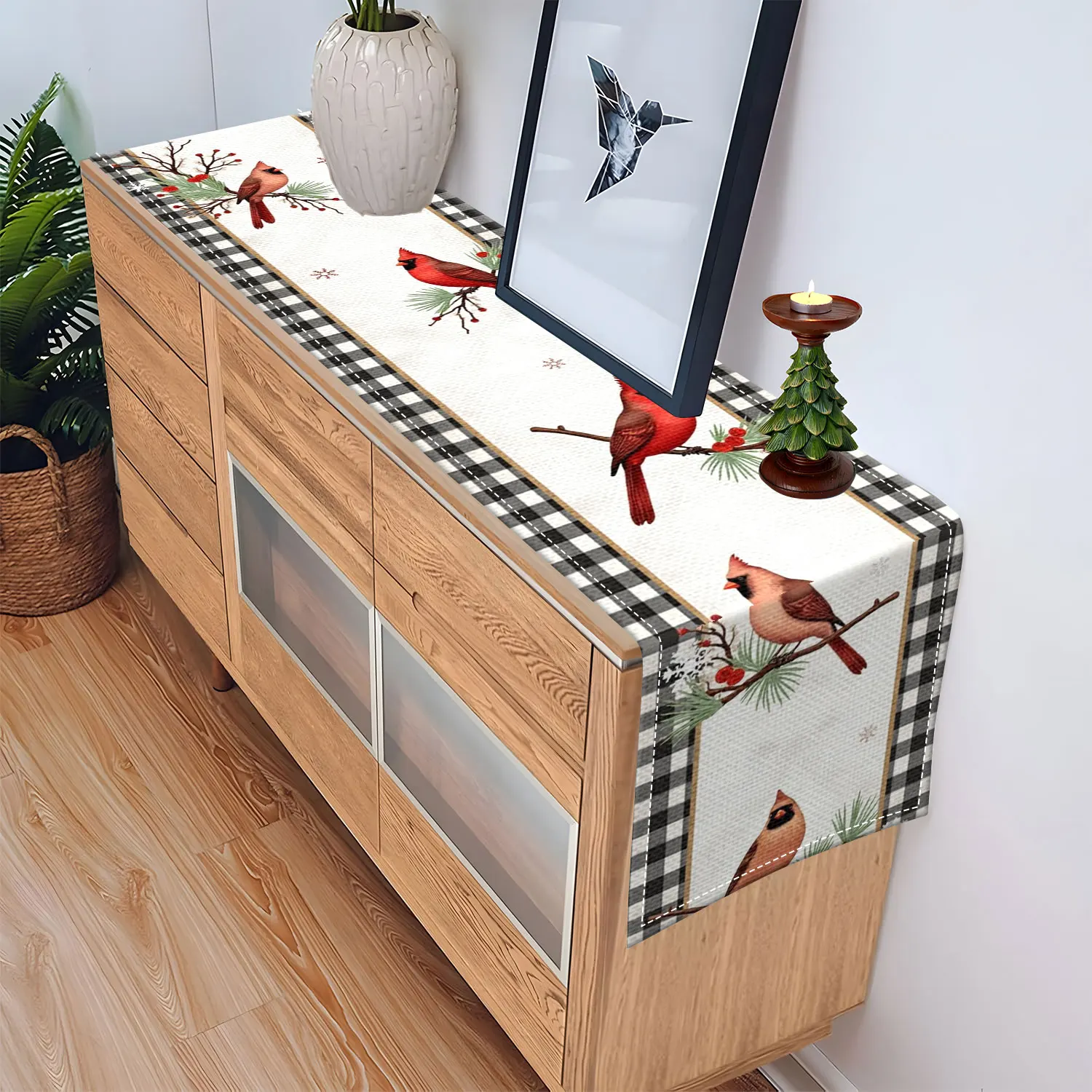 قطعة واحدة من مفرش طاولة الكاردينال الأحمر المنقوش لعيد الميلاد، مزين بالكاردينال الأحمر وفروع الصنوبر، مناسب لزينة عيد الميلاد والعطلات #5