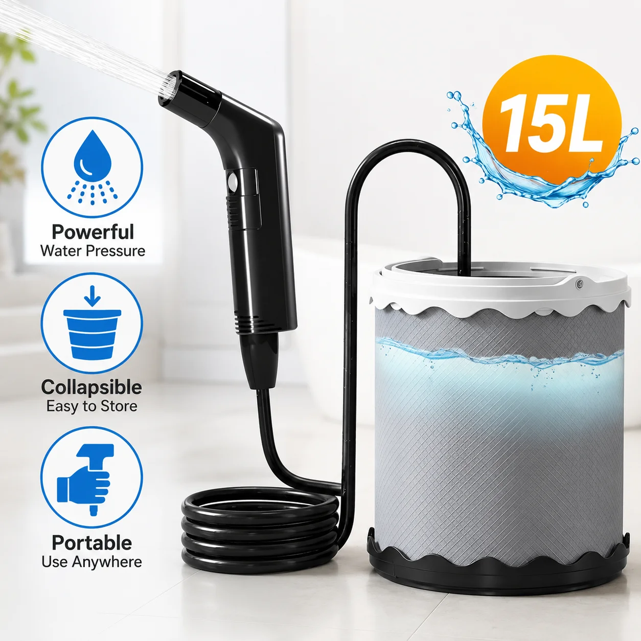 15L Electric Portable Bidet with Collapsible Water Bucket, Rechargeable Shattaf Sprayer, 80in Hose for Camping Travel Hygiene