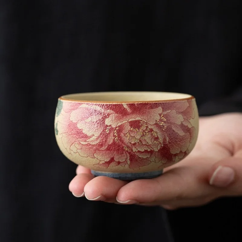 Blue White Peony Flint Red Glaze Ceramic Tea Cup Chinese Gongfu Personal Master Cup Household Tea Table Desktop Decor Gift