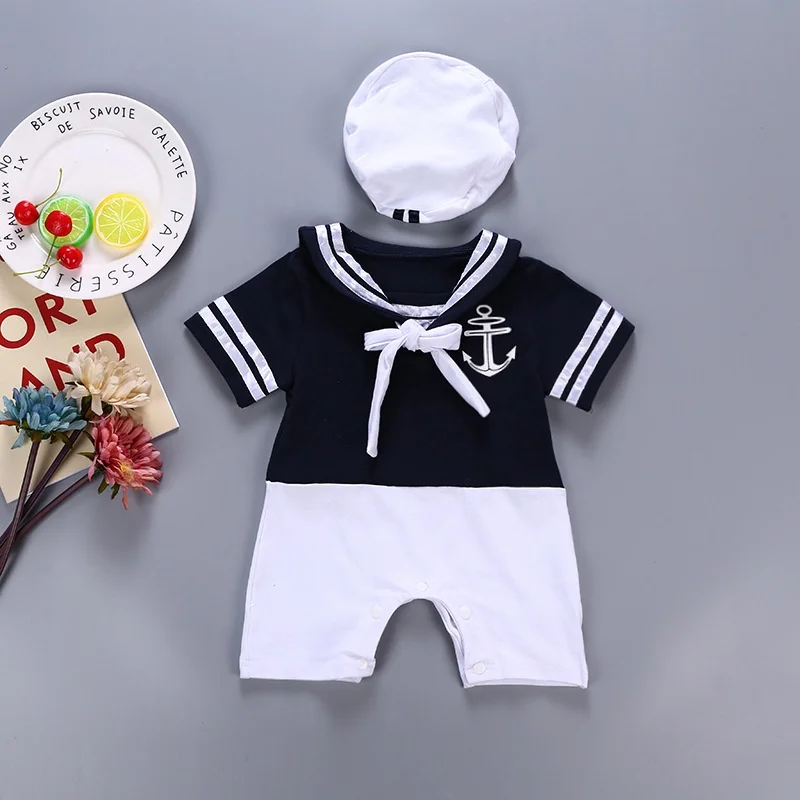 New Born Baby Clothes Set Infant Anchor Sailor Romper White Christening Bodysuit Outfit Toddler Navy Sailor Jumpsuit+hat Costume