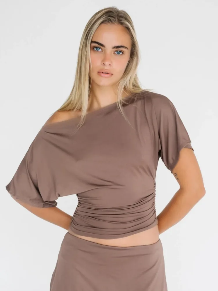 Blifanbo Oblique Shoulder Sexy T-shirt Tops For Women Short Sleeve Fashion Slim Fit Solid Pleated Summer Female T-shirt Tops image 4