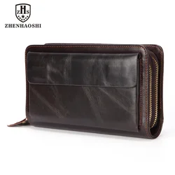 Bolso de mano de cuero genuino para hombre, cartera de mano, tarjetero, carteras largas, doble cremallera, monederos Vintage de gran capacidad para hombre