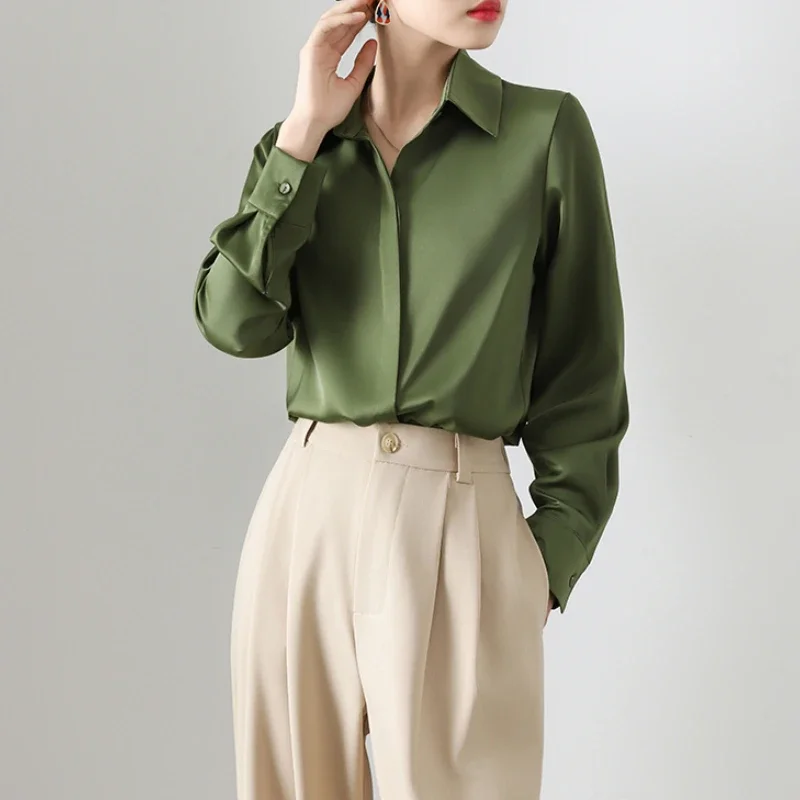 Primavera Verano mancha blusa de mujer 2025 nueva manga larga verde elegante coreano Oficina señora camisas inferiores sueltas Mujer