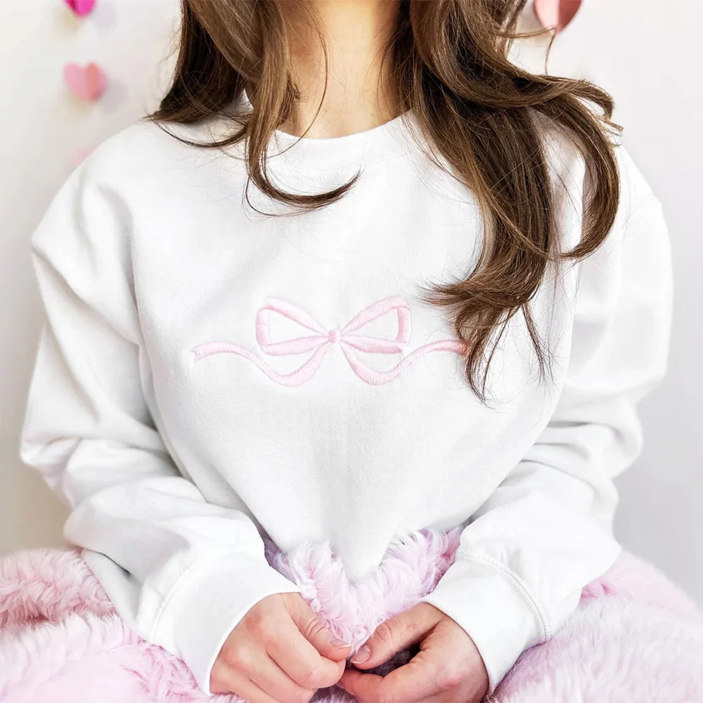 Cute Bow Embroidered Gemma Sweatshirts Women Autumn New Thick Fleece Warm Pullover Loose Casual Cotton CrewneckJumpers