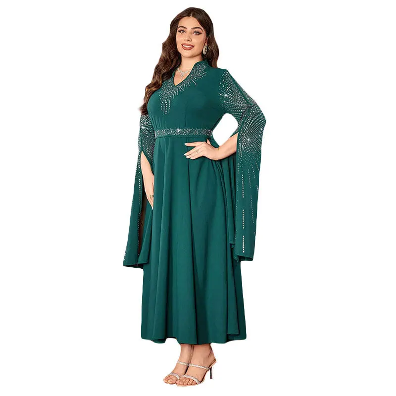 2025 moyen-orient musulman nouvelle mode femmes diamant clouté col en v décontracté à la mode grande taille robes de cérémonie vêtements féminins