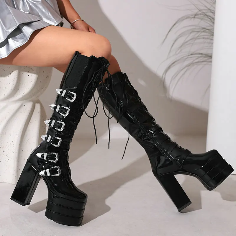 Women Shoes Thick Sole Long Tube Boots Waterproof Platform Front Lace Up Long Boots Riding Boot