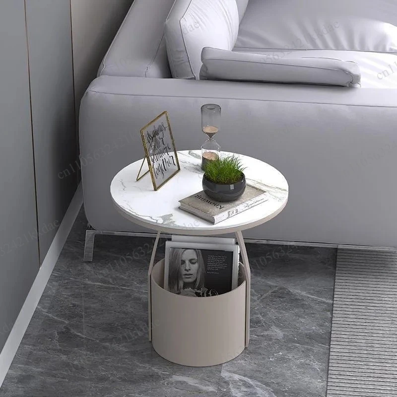 Mini Round Side Table – Rock Slab Top with Metal Storage, Light Luxury Corner Table for Bedroom & Living Room