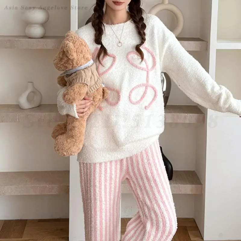 

New Autumn Winter Sleepwear Half Flannel 2PCS Pajamas Set Women's Long Sleeve Warm Nightwear Round Neck Sweet Home Clothes