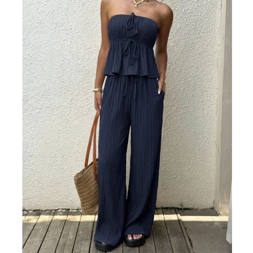 

Elegant Lace Up Strapless Pleated Jumpsuit Women Summer Backless Halter Wide Leg Romper Casual Beach Party Long Pants Outfit