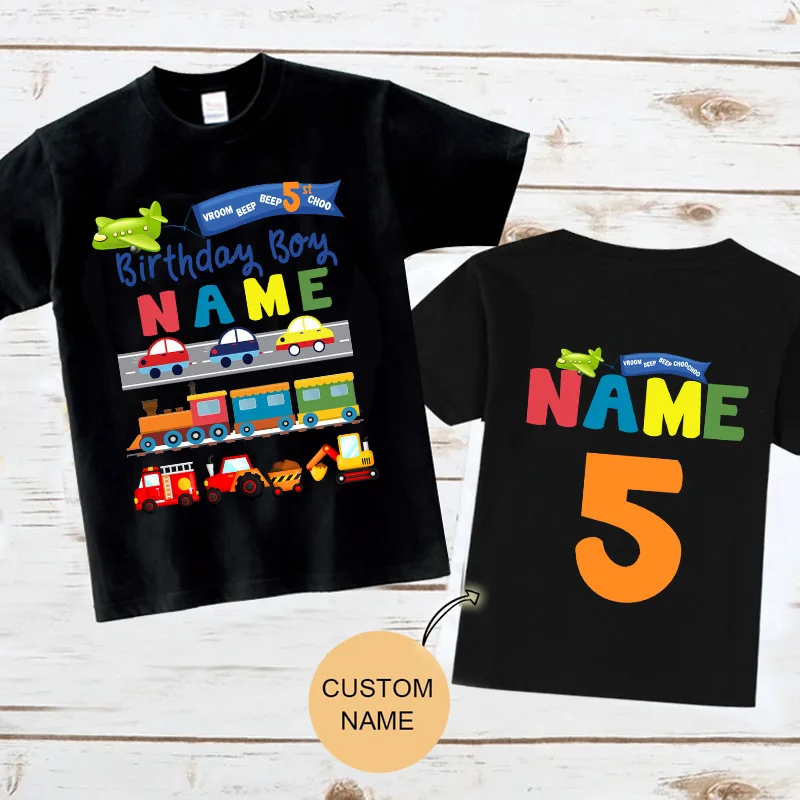 

Toy Car Shirt for Kids Cartoon Custom Name Shirt Toddler Baby Gift 5nd Birthday Black T-shirt Boys Girl Clothes Toy Car Shirt