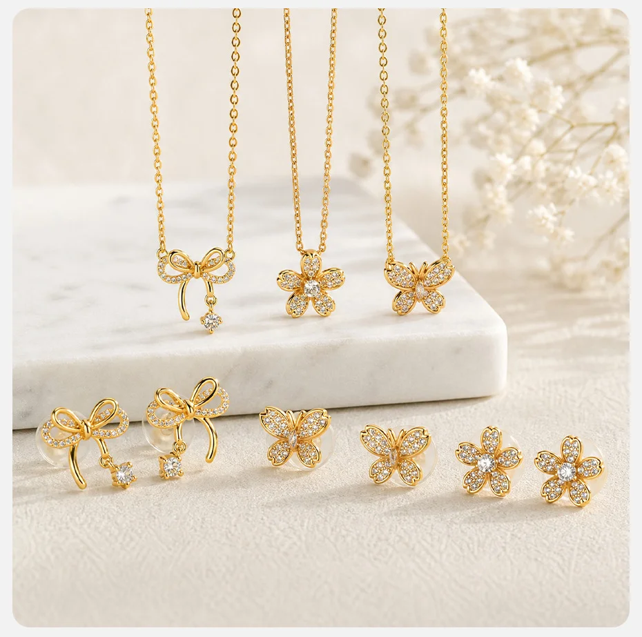 Vnox Luxuriöses, elegantes Zirkon-Schmetterlings-Blumen-Ohrring-Halsketten-Set für Frauen, trendiges, süßes Schmuckset mit Schleifenknoten, Braut-Hochzeitsgeschenk – Detail 8