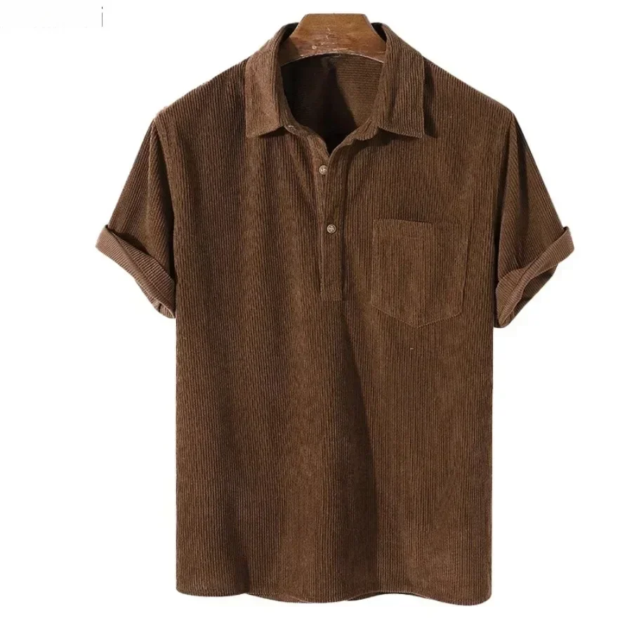 

Men's Corduroy Shirts Summer Casual Short Sleeve Tops Fashion Half Button-up Lapel Solid Pullover Loose Simple T-shirt Male