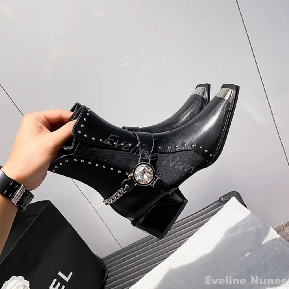 Rivet Metal Small Square Toe Chelsea Boots Women Shiny Crystal Slip On Chunky Heel Stretch Boot British Style Hotties Ankle Boot