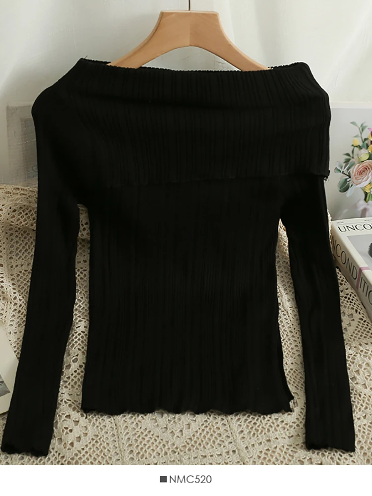 HELIAR Women Sexy Slash Neck Stripe Knitted Pullovers Long Sleeve Elegant Female Off Shoulder Slim Tops Autumn 2022