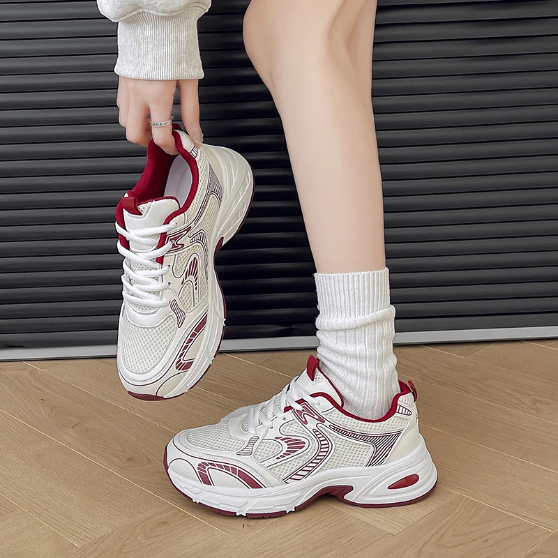 Women Breathable Mesh Chunky Dad Sneakers Round Toe Patch Thick Elevated Shock Absorbing Sole Casual Platform Walking Trainers image 6