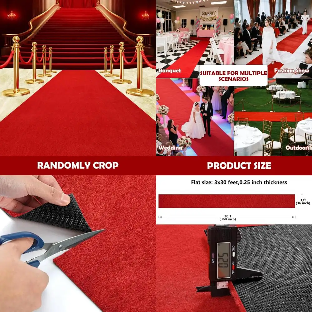 

Очень толстый водонепроницаемый красный ковер 450 GSM для украшения мероприятий, 3X30 футов, нескользящий красный коврик для прохода, подиумный коврик для свадьбы