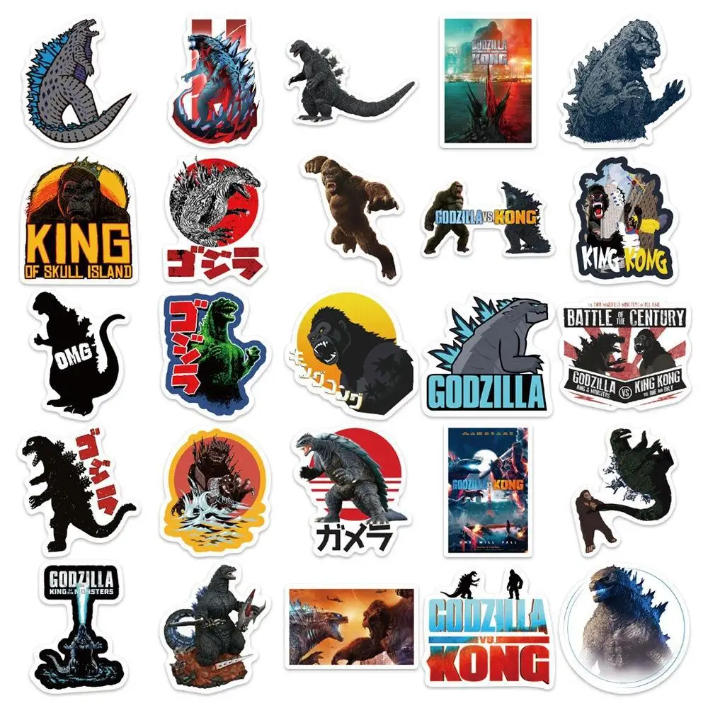 Pegatinas de Godzillas VS KingKongs para niños, 50 piezas, Anime, dinosaurio, orangután, figuras de acción, apliques, caja de equipaje, decoración,